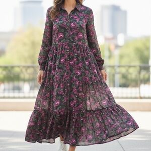 👛(ANY 2/$35) JOE FRESH Floral Tiered Partly Lined Maxi Dress